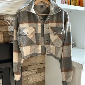 2️⃣ Brushed plaid flannel shacket jacket button up crop, oversize